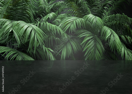Background with tropical plants for product  cosmetic presentation. 3D rendering. Creative mock up. Natural empty scene for beauty products.
