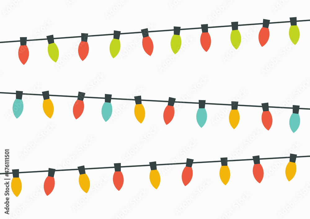 Christmas lights strings with colorful bulbs isolated on white background.