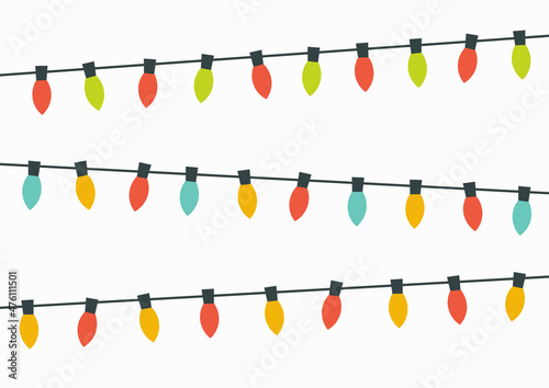 Christmas lights strings with colorful bulbs isolated on white background.
