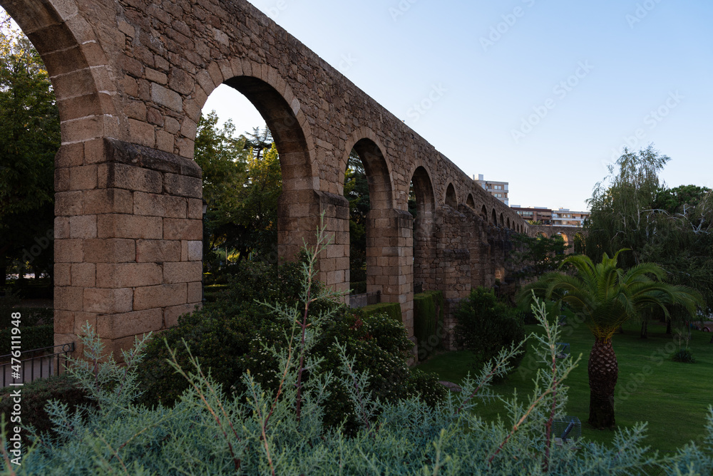 Medieval aqueduct of San Anton of granite ashlar masonry built in the 12th century, Plasencia, Caceres, Extremadura, Spain