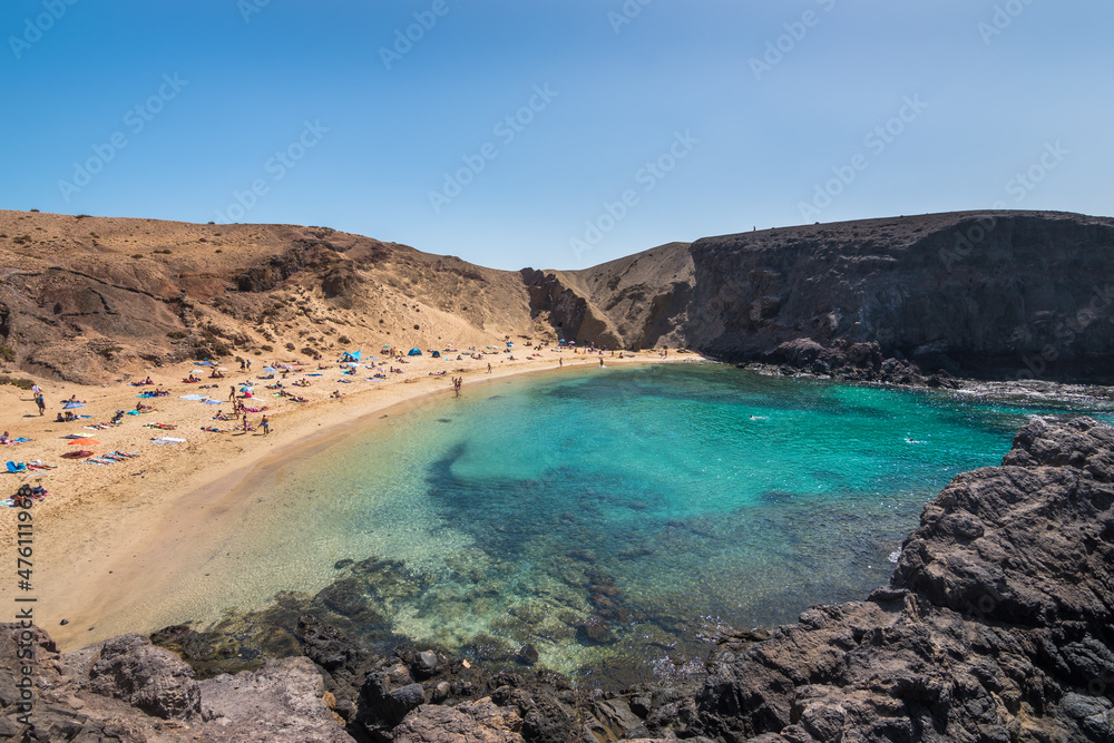 Fototapeta premium View of the beautiful and famous Parrot Beach (Playa del Papagayo) at Lanzarote - Lanzarote, Canary Islands, Spain