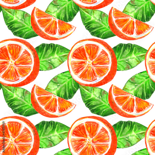 Seamless watercolor illustration of orange and citrus slices and leaves. Wallpaper, wrapping paper, textiles.