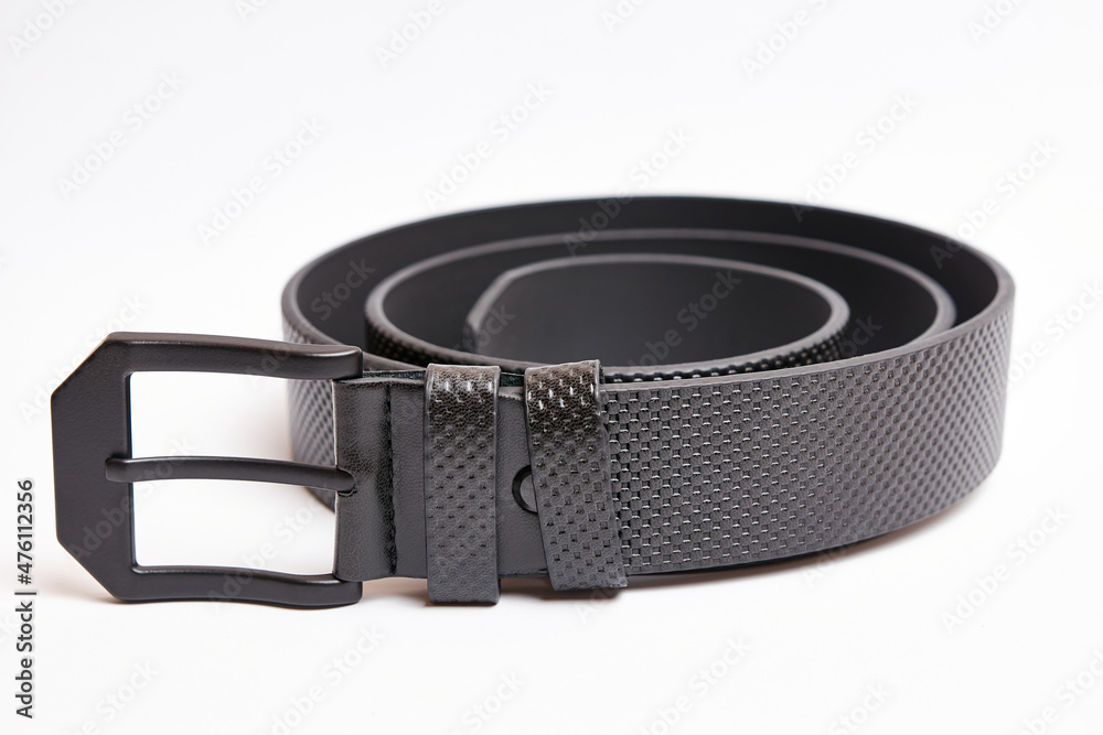 Big black leather belt with black metal buckle. Big black leather belt with black metal buckle.