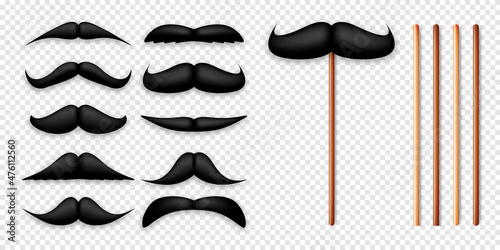 Realistic black mustache on a wooden stick. Fake paper mustache isolated on white background. Fashionable facial hair. Vintage design element. Creative vector illustration.