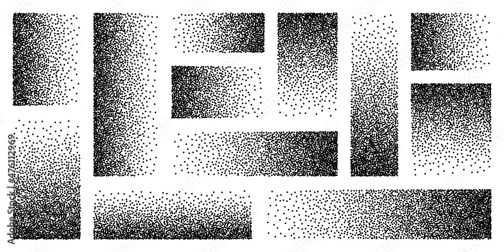 Stipple pattern, dotted rectangular design elements. Stippling, dotwork  drawing, shading using dots. Pixel disintegration, random halftone effect.  White noise grainy texture. Vector illustration Stock Vector