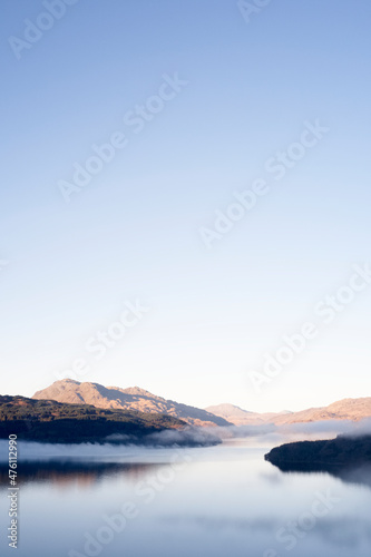 Loch Lomond aerial view at winter with low clouds near Tarbet