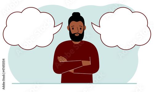 A sad man tries to make the right decision. Left and right empty bubbles. Comparison of the two solutions.