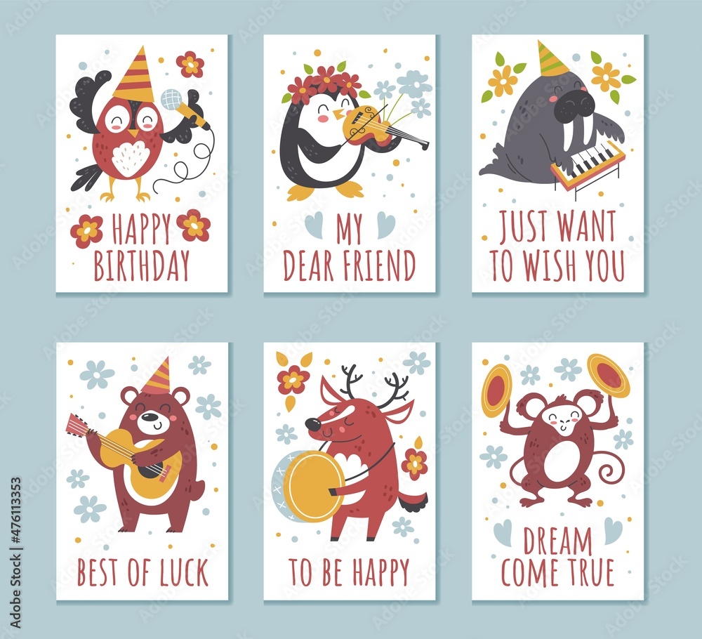 Animals birthday greeting cards. Cartoon characters play different musical instruments. Congratulate kids holiday. Jazz band. Monkey or wild deer with flowers and text. Vector postcards set