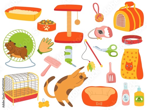 Pets accessories. Domestic animals care tools. Veterinary store. Birds cages. Beds and carriers for cat. Scratching post. Hamster in wheel. Puppy toys. Canine food. Vector vet goods set