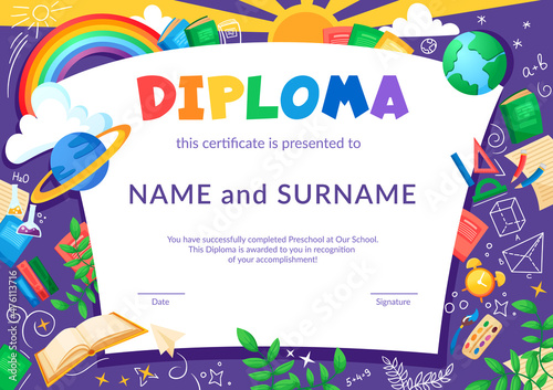 Colorful school and preschool diploma certificate for kids and children in kindergarten or primary grades with school pack, kit and cute cat. Vector cartoon flat illustration