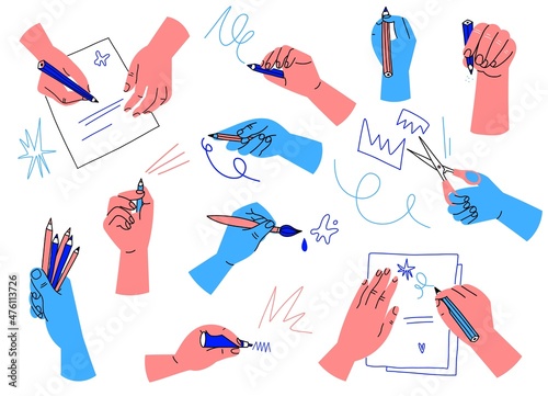 Hands hold stationery. Arms hold pencils and brushes. Isolated palms with markers and scissors. Writing and drawing processes. Cutting and painting. Vector abstract human parts set