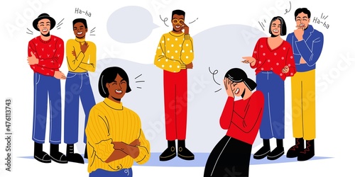 Laughing joke friends. People laugh loudly at funny anecdote. Joint fun. Company ringleader and soul. Comic conversation. Positive emotion expression. Chuckling persons. Vector concept
