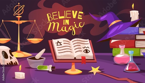 Magic tools poster. Cartoon alchemist table with different objects. Wizard elements. Magical formulas book. Sorcerer objects. Elixir bottles. Witch wand. Alchemy scales. Vector concept