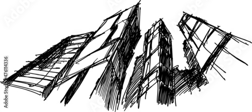 hand drawn architectural sketch of a modern abstract city architecture and skyscrapers and tall building