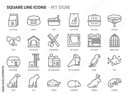 Pet store related, pixel perfect, editable stroke, up scalable square line vector icon set.