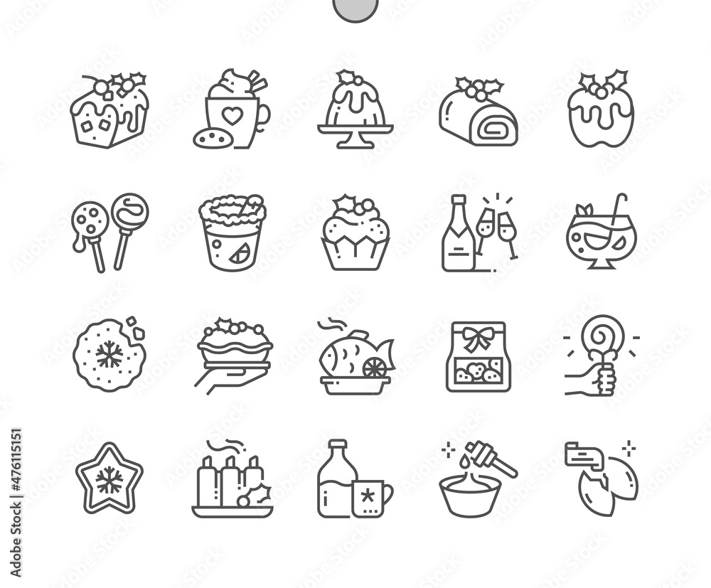 Christmas food and drinks. Champagne, punch and buche de noel. Christmas lollipop. Menu for restaurant and cafe. Pixel Perfect Vector Thin Line Icons. Simple Minimal Pictogram