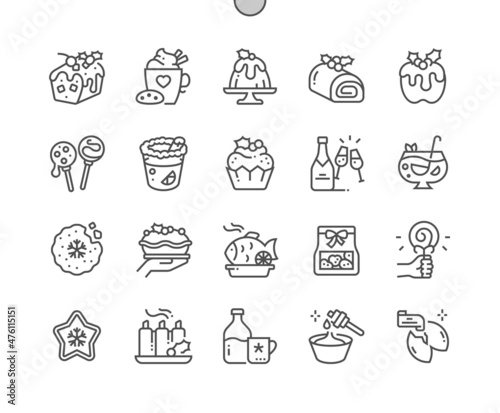 Christmas food and drinks. Champagne, punch and buche de noel. Christmas lollipop. Menu for restaurant and cafe. Pixel Perfect Vector Thin Line Icons. Simple Minimal Pictogram