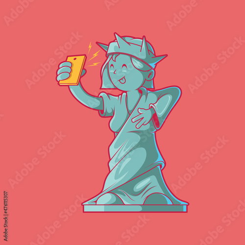 Liberty statue taking a selfie vector illustration. Funny, inspiration, social design concept.