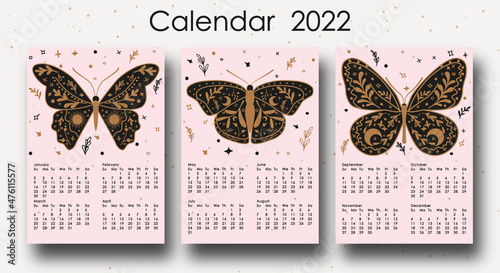 Hand drawn folk art linear Boho Butterflies new year 2022 calendar.