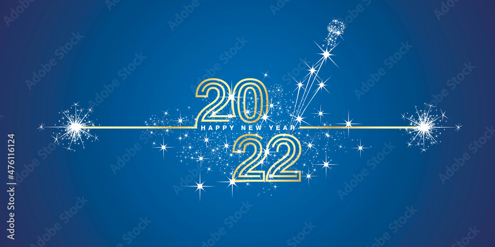 Happy New Year 2022 eve golden triple line design loading sparkle firework champagne open white blue vector wallpaper greeting card - obrazy, fototapety, plakaty 