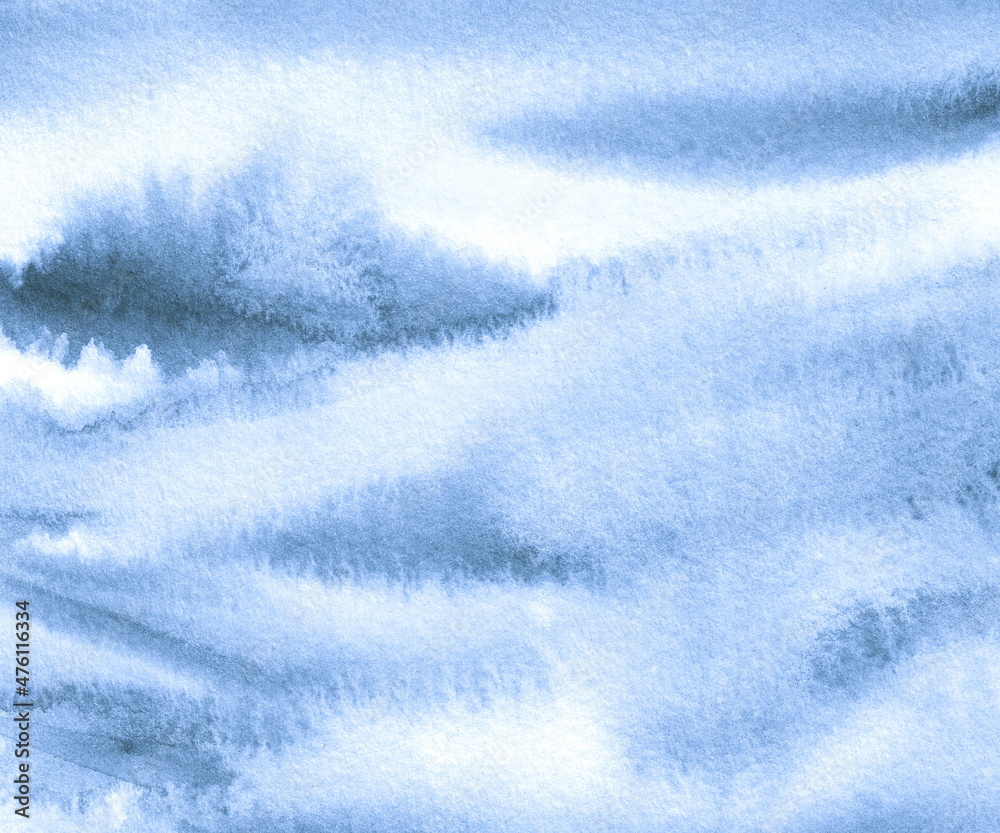 Obraz premium Watercolor background. Winter snowy abstract blue landscape. Hand painted texture. Forest, tree, snow, sky. Textured wallpaper. Watercolor or ink on white paper.