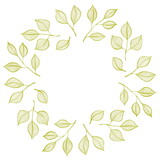 A wreath from hand drawn botanical elements. Delicate yellow ochre branches with leaves on a white background. For frame, wedding greeting card and textile design.