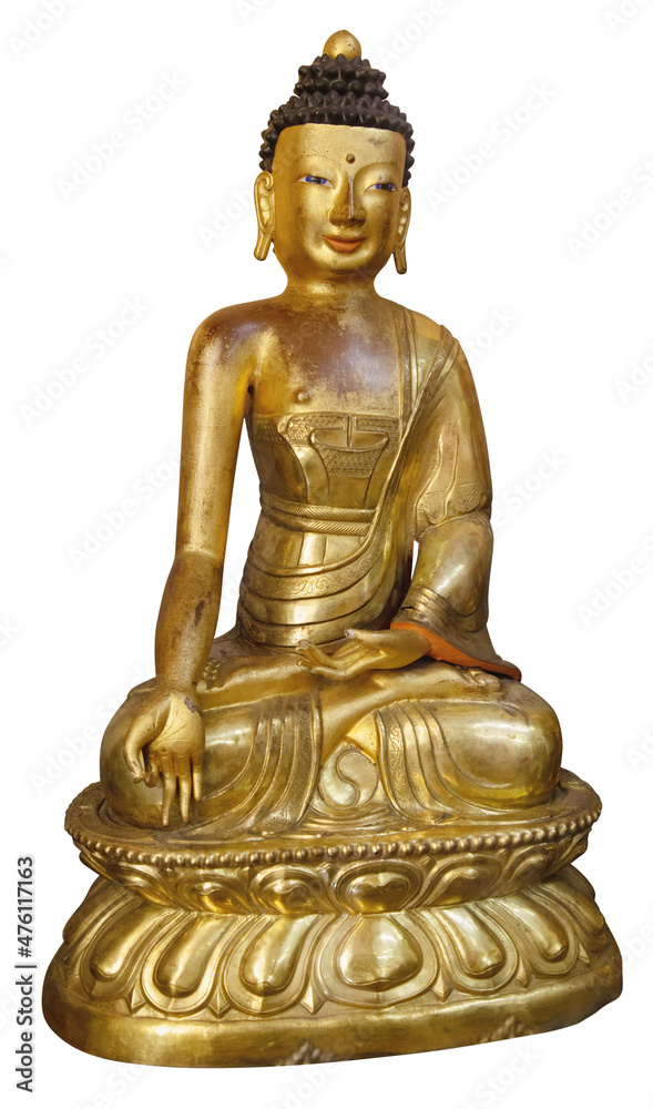Beautiful shining classical Buddha Shakyamuni. Siddhartha Gautama. Golden statue with open eyes isolated on the white background