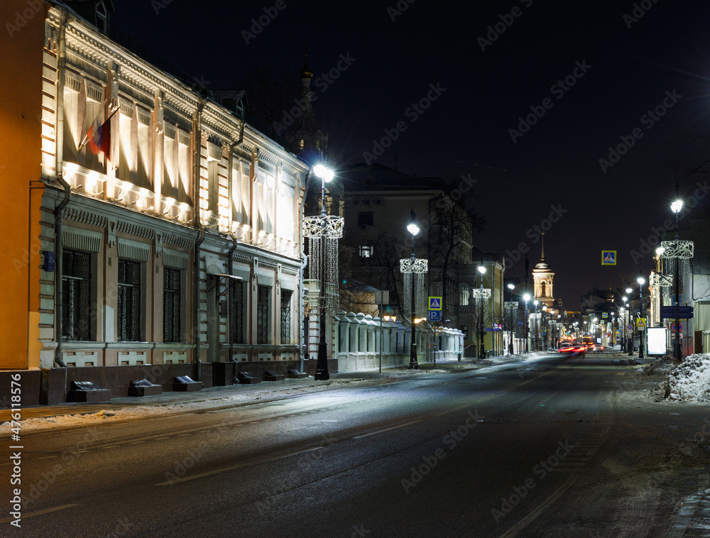 Moscow, Russia, Dec 09, 2021: Night  view of Bolshaya Ordynka street near 