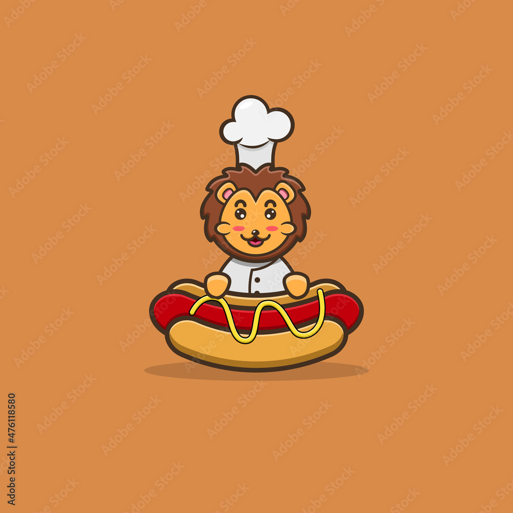 Cute Baby Lion Chef On Hot Dog. Character, Mascot, Icon, Logo, Cartoon and Cute Design.