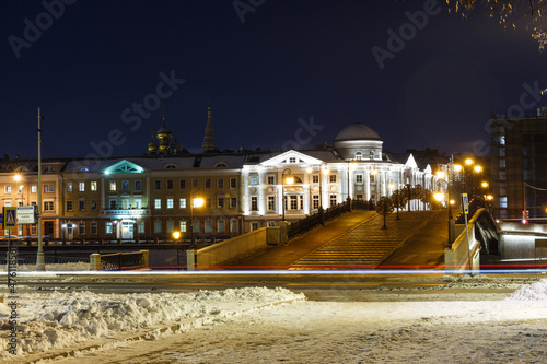 Moscow, Russia, Dec 09,2021: Night view of Luzhkov bridge over Vodootvodny canal