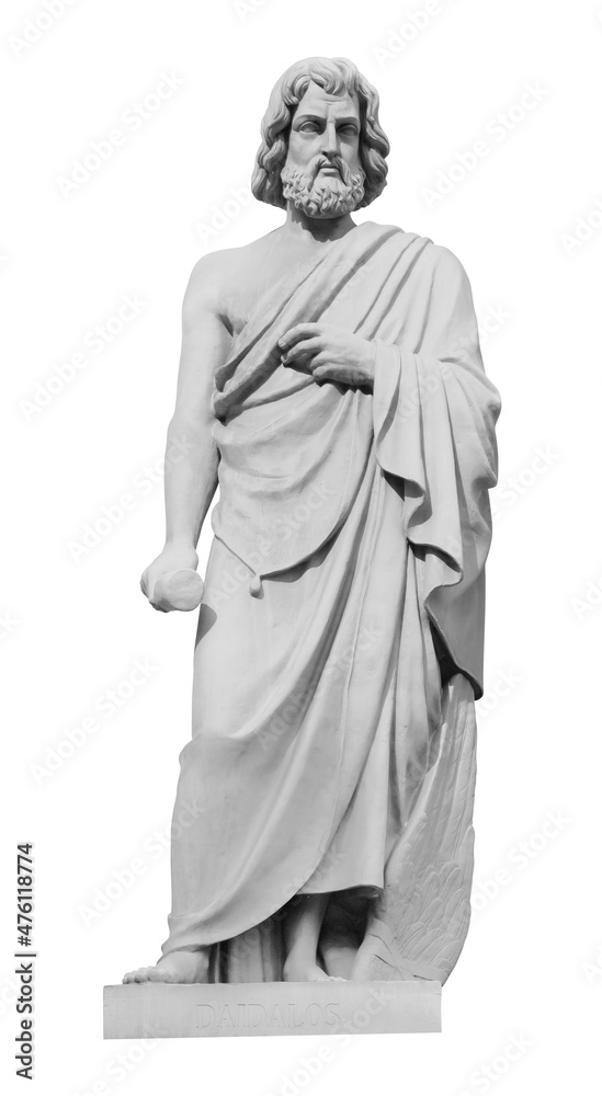 Statue of the biblical inventor Daedalus. Ancient sculpture isolated on white background. Classic antiquity man portrait