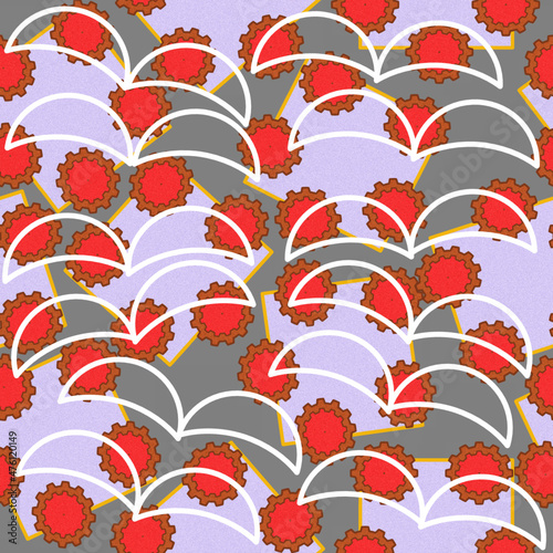 Seamless pattern of pink squares, red abstract elements on a green background.