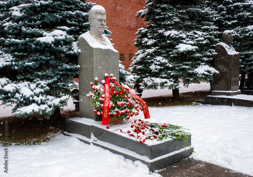 A monument at the grave of a general and first secretary of the Central Committee of the All-Union Communist Party of Bolsheviks, Joseph Stalin, in the necropolis near the Kremlin wall on Red Square i