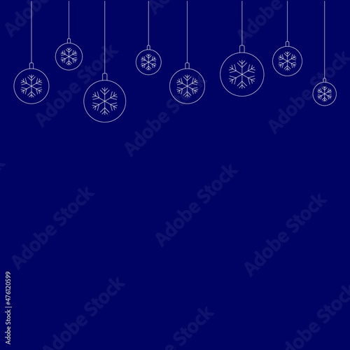 Greeting card New Year blue background  Christmas toys hanging from above