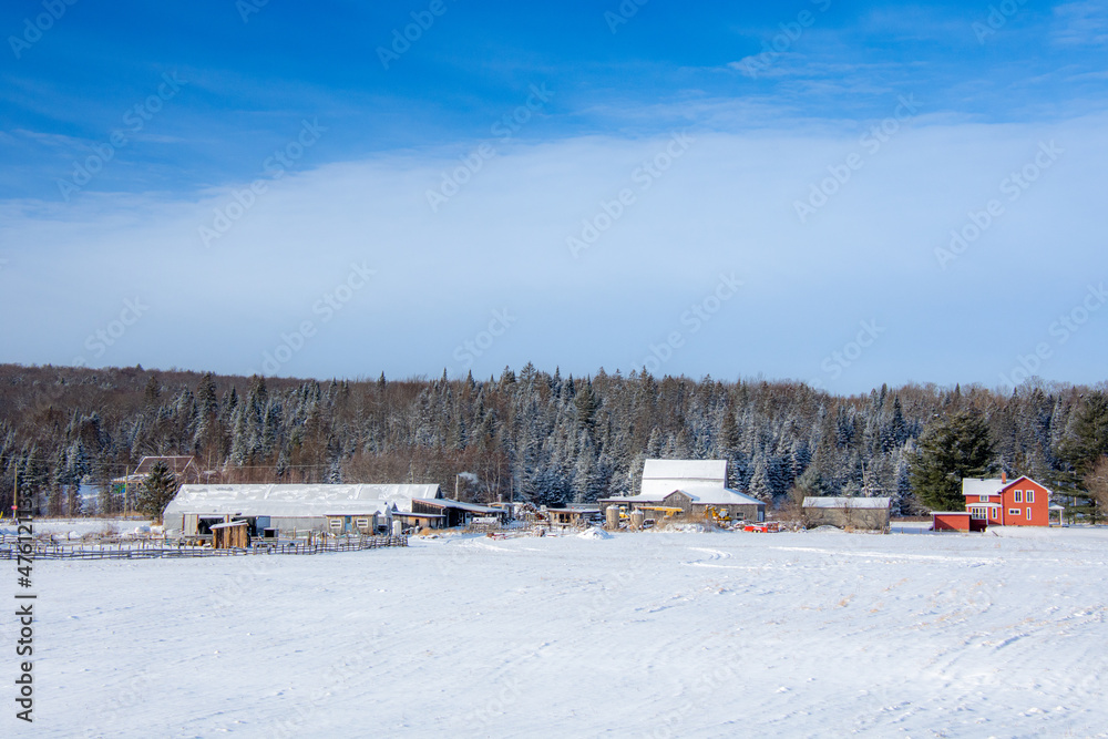 A winter countryside landscape with farm in the province of Quebec, Canada
