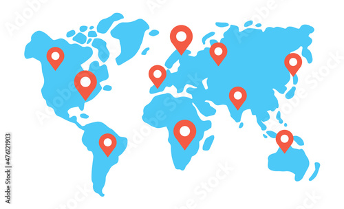 Map pointer icons located on continents of Earth. Business concept vector illustration