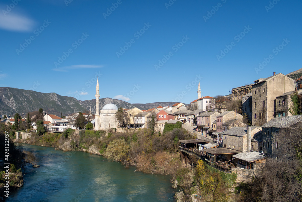View of the city of Mostar with the river and mosque