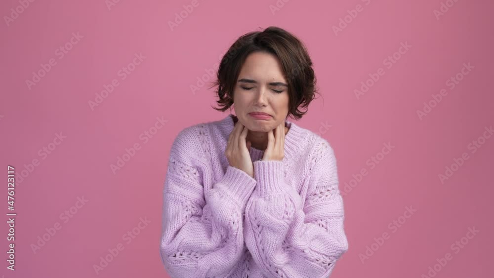 Lady feel discomfort covid throat hurt isolated pastel color background Lady feel discomfort covid throat hurt isolated pastel color background