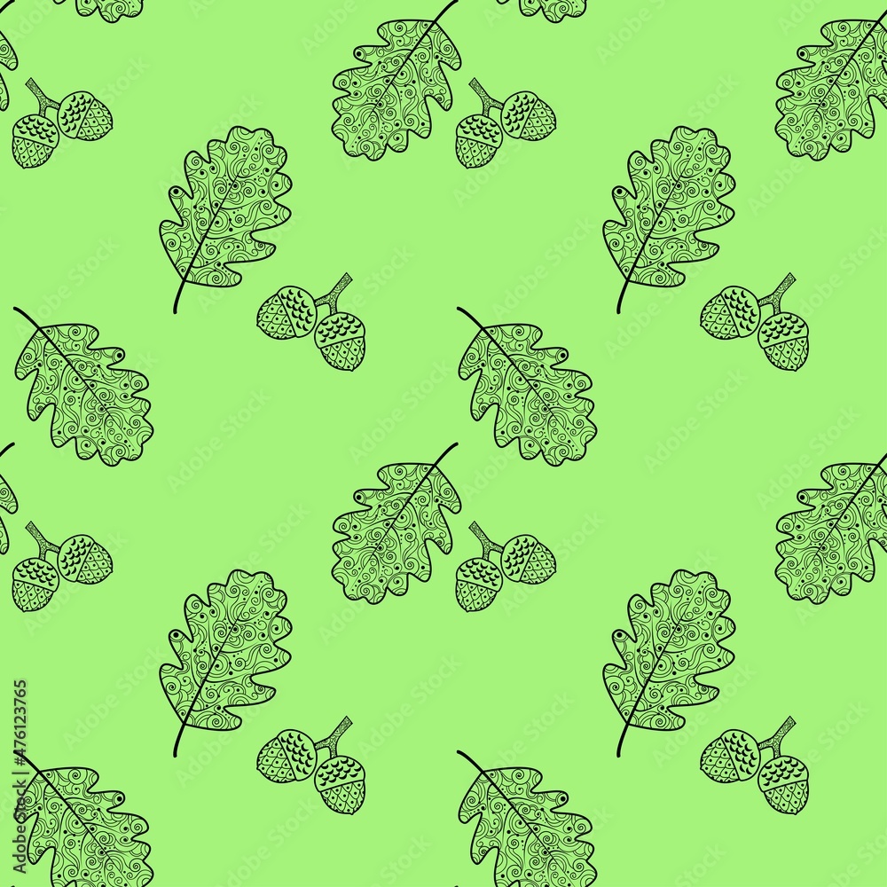 Seamless pattern with oak leaves and acorns. Oak leaves with a beautiful ornament. 