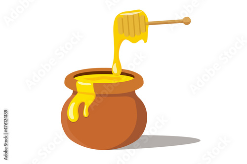 Pot of honey and stick in 3D style vector illustration for design and web isolated on white background. object for label and advertising, cartoon style, jar and dipper realistic