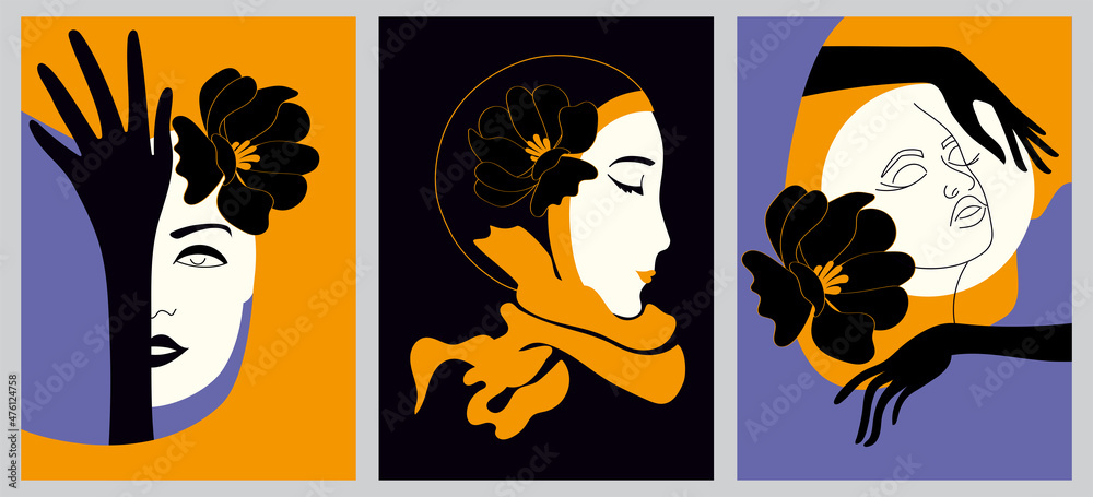 Set of creative hand painted one line abstract shapes. Minimalistic images of icons: a woman's portrait, flowers, leaves. For postcard, poster, placard, brochure, cover design, web.