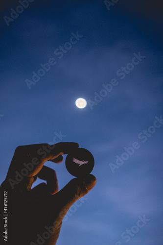 Hand holding a white eagle symbol and beautiful sunset night sky with full Moon