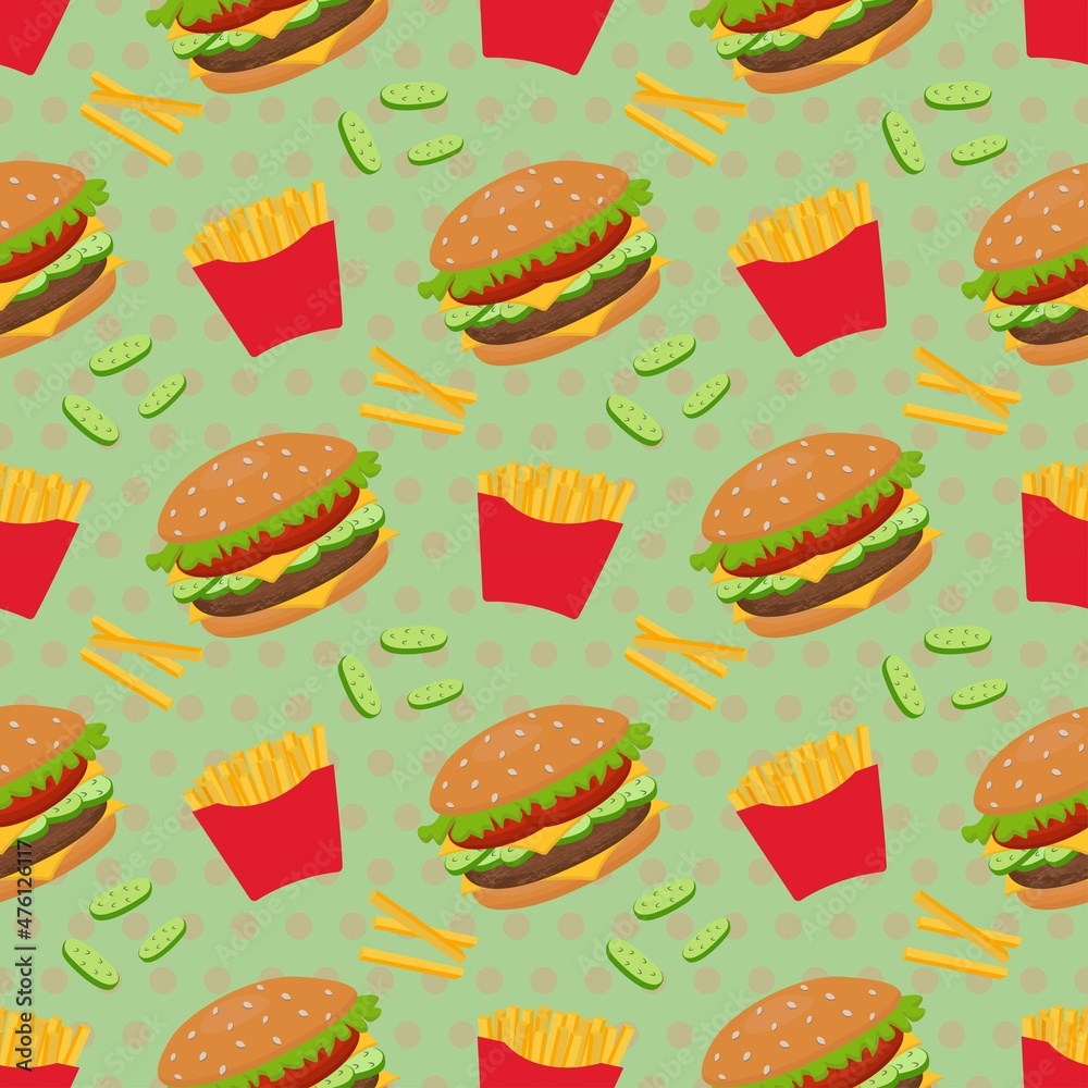Seamless vector pattern of hamburger and French fries. 