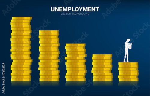 Unemployment man walking on stack of down coin graph. Concept for end of career and jobless.