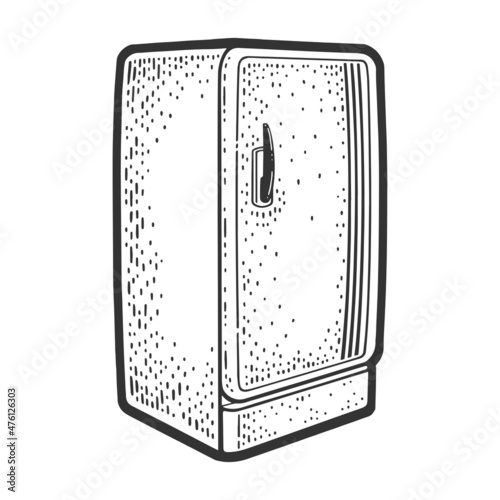 Vintage refrigerator sketch engraving vector illustration. T-shirt apparel print design. Scratch board imitation. Black and white hand drawn image.