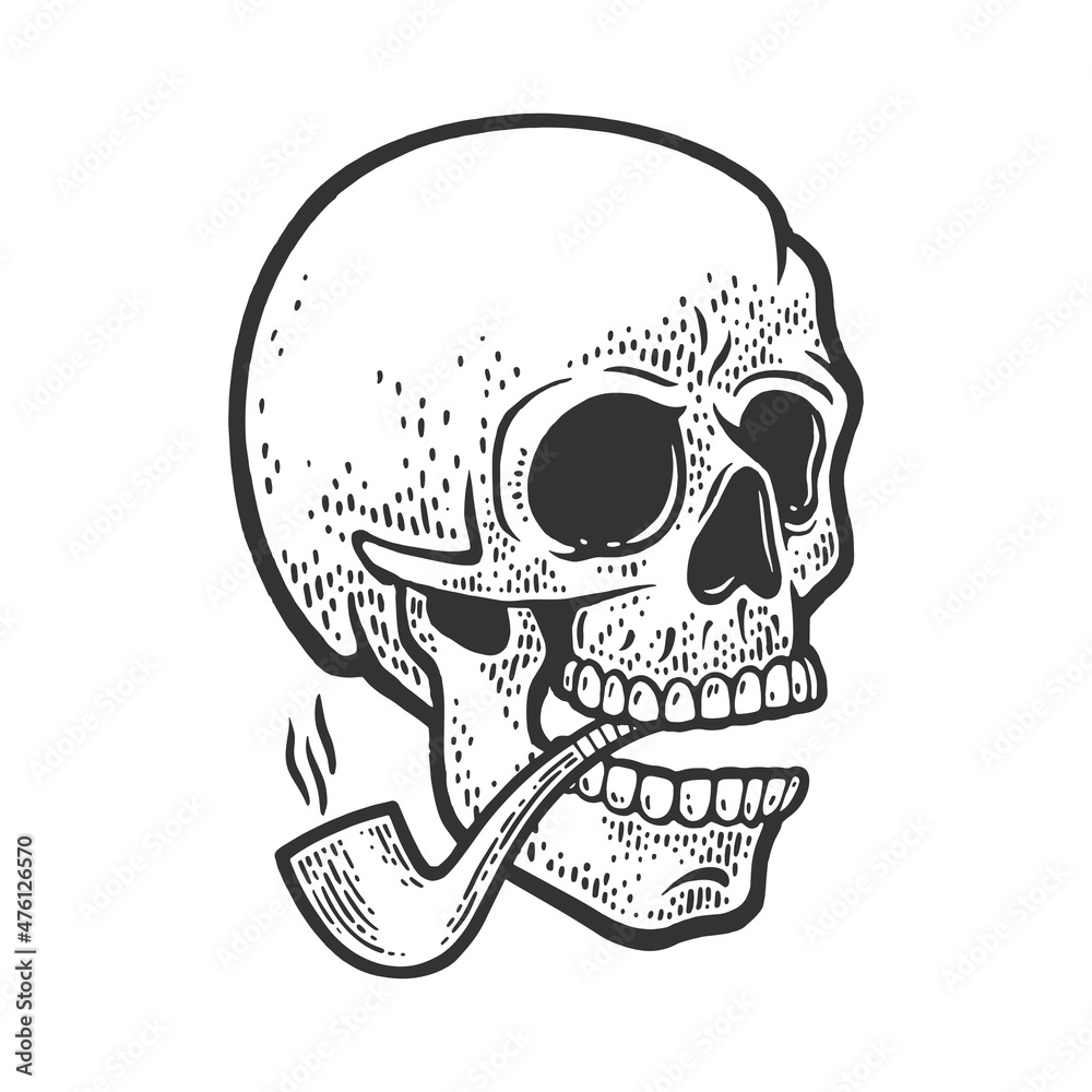 human skull with smoking pipe sketch engraving vector illustration. T-shirt apparel print design. Scratch board imitation. Black and white hand drawn image.