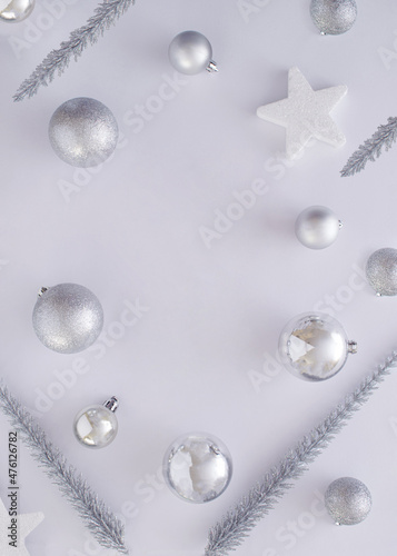winter holiday Christmas design.Silver frozen colors on a white background.flat lay aesthetic New Year design idea
