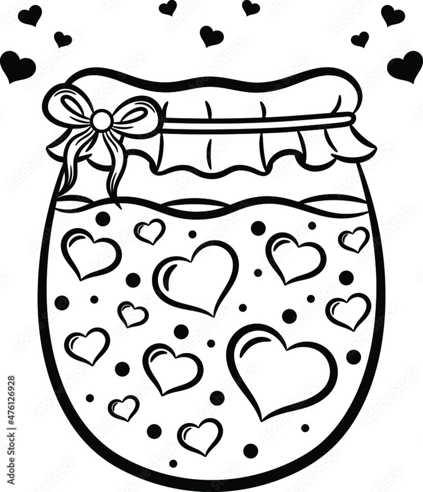 Valentine love jar of hearts drawing sketch for coloring