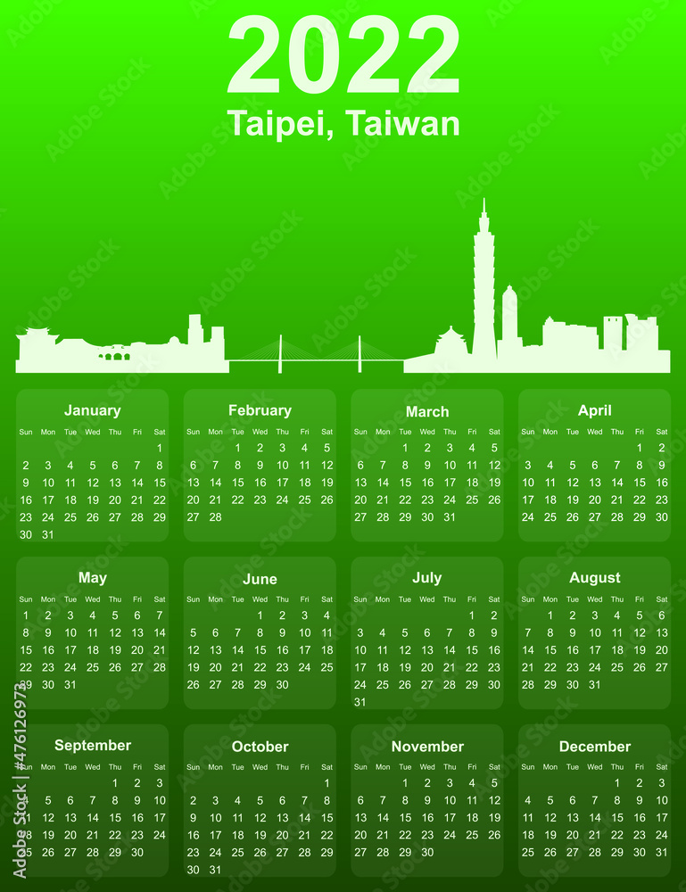 Green stylish 2022 year calendar with cityscape panorama of the city of Taipei, Taiwan
