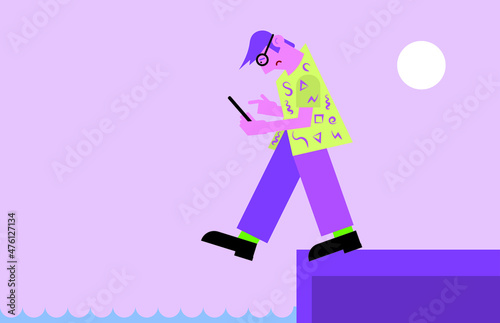 Careless pedestrian, male flat character looking at smartphone stepping off the cliff or edge of the pier. Blinded by social media, danger of using mobile phone while walking
